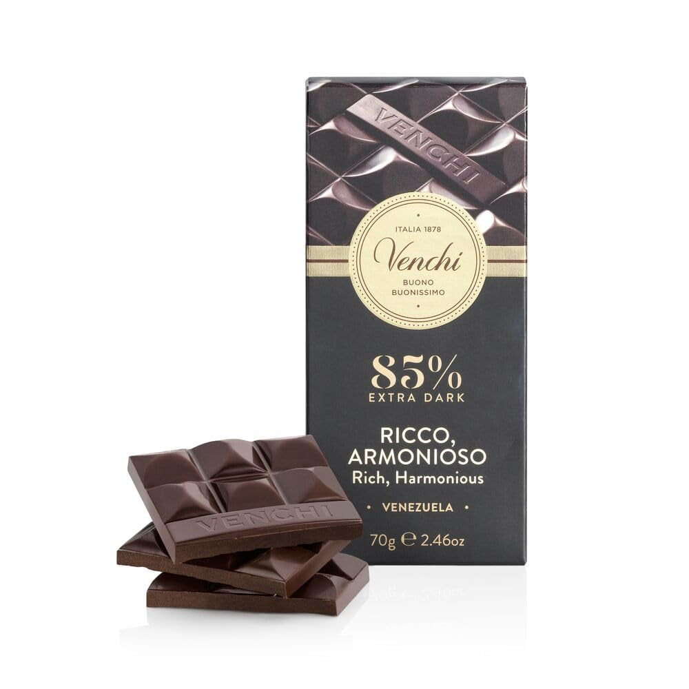 Venchi - Tavoletta Cioccolato 85%, 70g - Con croccanti fave di cacao tostate - Senza Glutine - Vegan