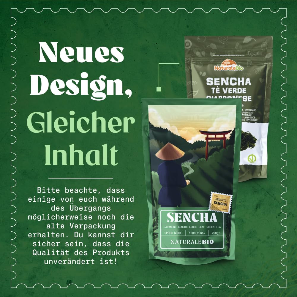 Naturalebio Ceai japonez Sencha – 200 g Ceai verde organic – 100% ceai verde Sencha pur și natural - vrac în frunze din prima recoltă – produs organic cultivat în Japonia
