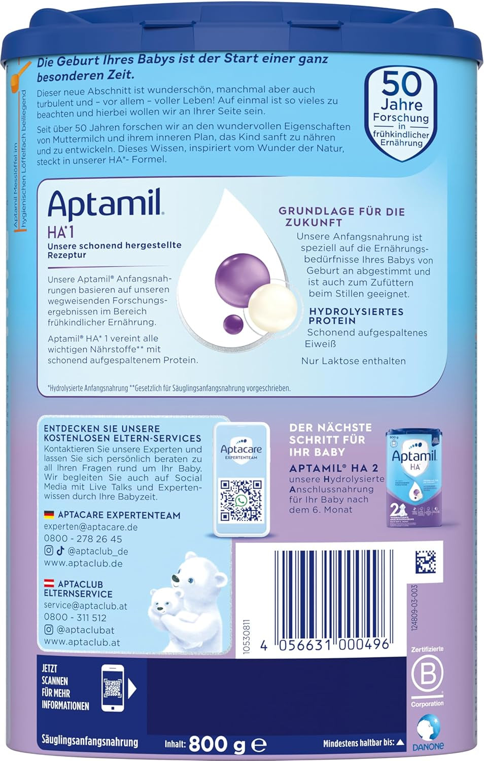 Aptamil HA 1 - Formula per lattanti dalla nascita, con DHA, senza lattosio, senza olio di palma, alimenti per l'infanzia, latte in polvere, 1 x 800 g