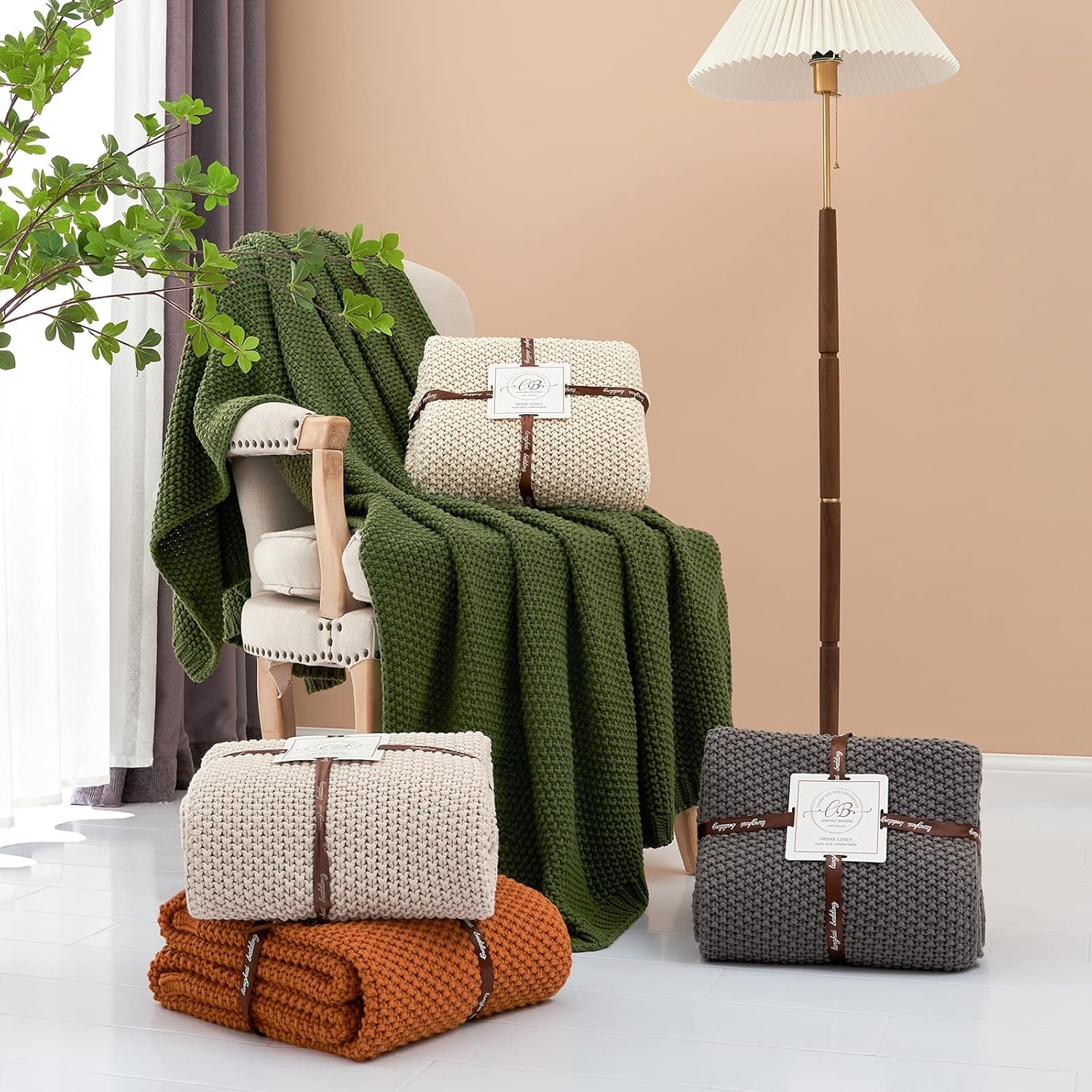 Coperta in maglia grossa, Leggera, Beige, 100% cotone biologico, Coperta per divano, divano, letto, bambino, cameretta dei bambini, Rustico, Shabby chic, Fattoria moderna, 152,4 X 203,2 cm, Incluso sacco per la biancheria Letti e coperte Biancheria da letto Longhui Grigio 51"X63"