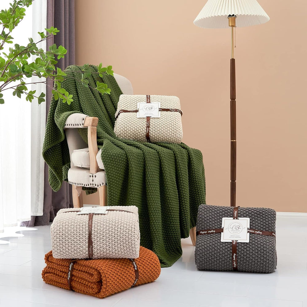 Coperta in maglia grossa, Leggera, Beige, 100% cotone biologico, Coperta per divano, divano, letto, bambino, cameretta dei bambini, Rustico, Shabby chic, Fattoria moderna, 152,4 X 203,2 cm, Incluso sacco per la biancheria Letti e coperte Biancheria da letto Longhui Grigio 51"X63"