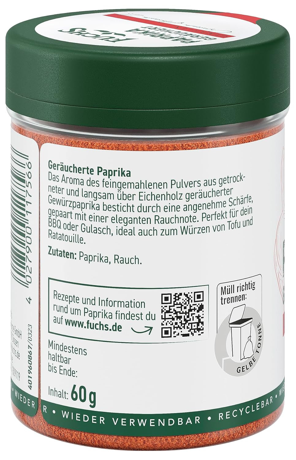 Fuchs Gewürze - Paprika geräuchert gemahlen - rauchiger Gesmack für BBQ, Gulasch oder Tofu - natural Ingredients - 60 g in wiederverwendbarer, recyclebarer Dose