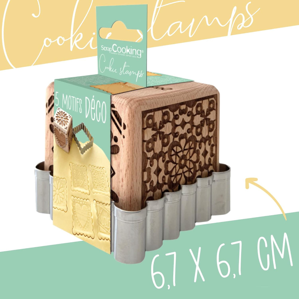 RESTURĂ DE GĂTIT 5139 Ștampilă de copt din lemn cu motive decorative, casă, cu 1 tăietor, tăietor de biscuiți și cub, decorativă, cu 5 fețe gravate în relief, decorațiune, 5139
