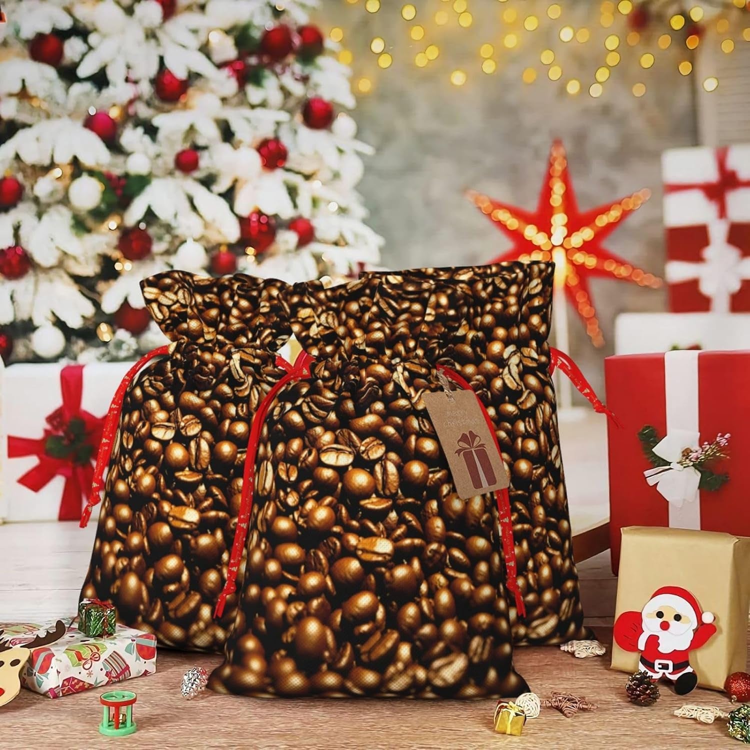 Lustige geröstete Kaffeebohnen, Weihnachtsbeutel mit Kordelzug, robust, 21,1 x 30 cm, geeignet für Partygeschenke und Geschenkverpackung, 1 Stück