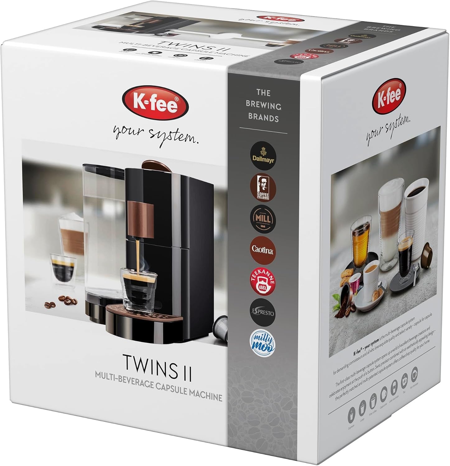 Espressor cu capsule K-FEE TWINS II pentru cafea, ceai și cacao | Espressor pentru cești mari | Încălzire rapidă | Rezervor de apă de 2,3 l | 19 bar | Negru-cupru