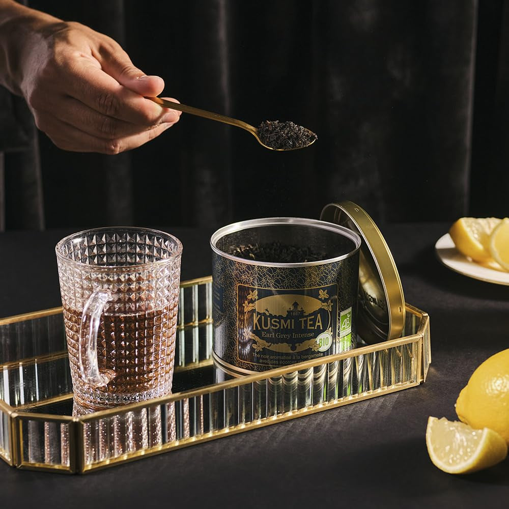 Kusmi Tea - Earl Grey Intense - Ceai negru Earl Grey organic cu bergamotă puternică și lămâie picantă - Ceai vrac - Cutie metalică de 100 g - Cantitate pentru aproximativ 50 de cești