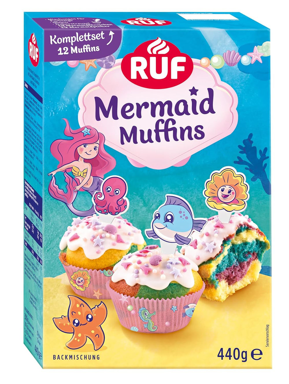 RUF Cupcakes Für Eis-Prinzessinen Und Prinzen, Mit Torten-Creme in Eisblau, Zucker-Eiskristallen Und Fondant Für Zuckerkronen, Inkl. 12 Backförmchen, 1 X 391G Glazuri si Decor Naty Shop 440 G (1Er Pack) Meerjungfrau