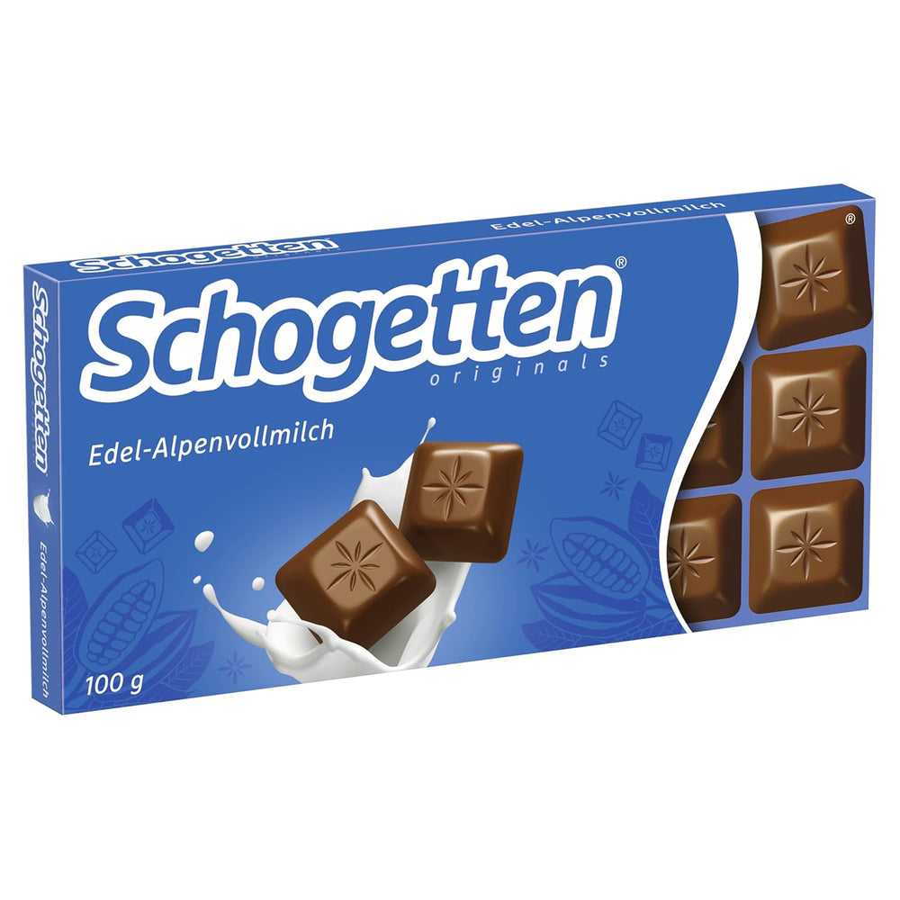 Tavoletta di cioccolato al latte Schogetten Premium Alpine, 100 g, porzionata individualmente. Una delizia. Pezzo per pezzo.