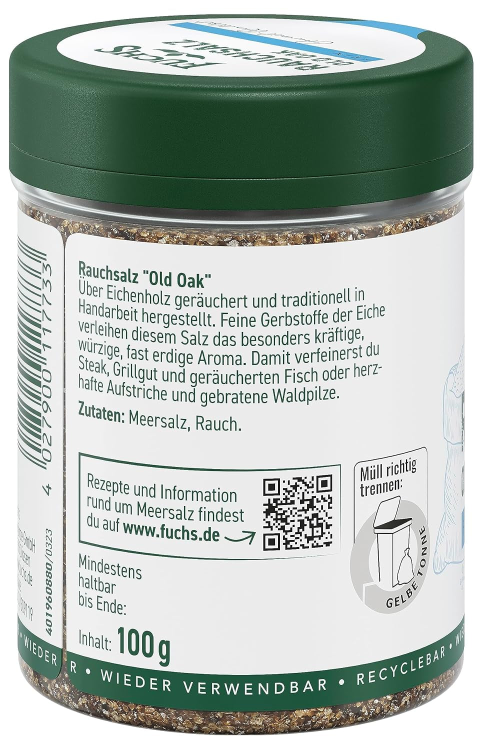 Fuchs Gewürze - Rauchsalz "Old Oak" - über Eichenholz geräuchert, rauchiger Gesmack für Grillfleisch oder Fisch - natürliche Ingredient - 100 g in wiederverwendbarer, recyclebarer Dose