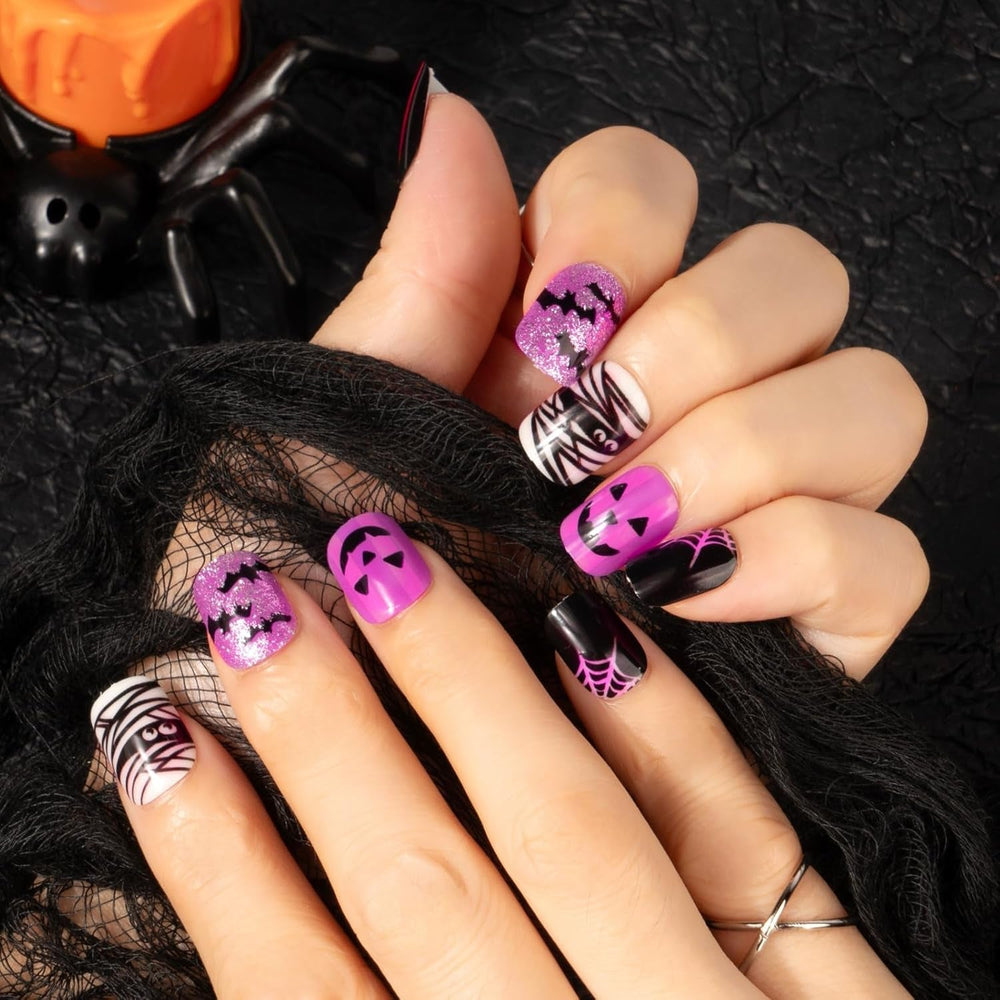 72 buc unghii de Halloween unghii false autoadezive unghii artificiale scurte unghii autoadezive presate dovleac fantomă unghii artificiale vârfuri unghii artă portocaliu verde negru