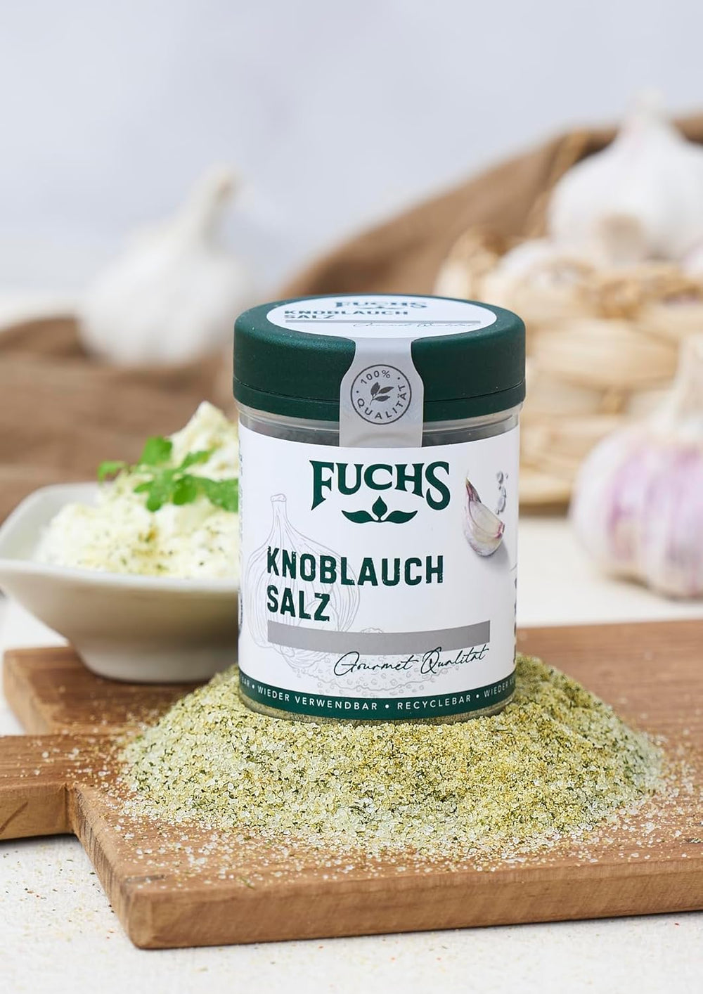 Fuchs Gewürze - Knoblauchsalz - Gewürzsalz für Dips, Saucen und Gemüse - ingredienti naturali - 90 g in wiederverwendbarer, recyclebarer Dose