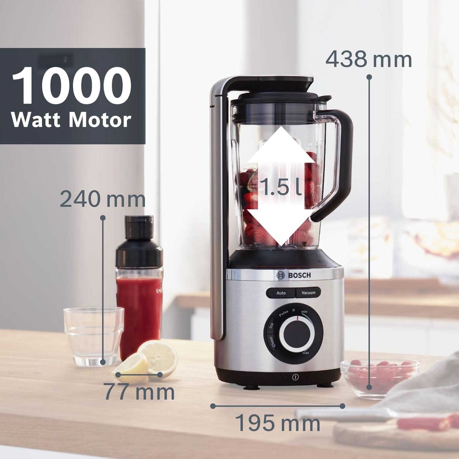 Bosch Vakuum-Standmixer Vitapower Series 8 MMBV621M, Starke Mixleistung, Vitaminschonende Zubereitung, 4 Automatikprogramme, Vakuum-Togo Flasche, 37.000 U/Min, 1000 W, Silver Mother and Child Naty Shop