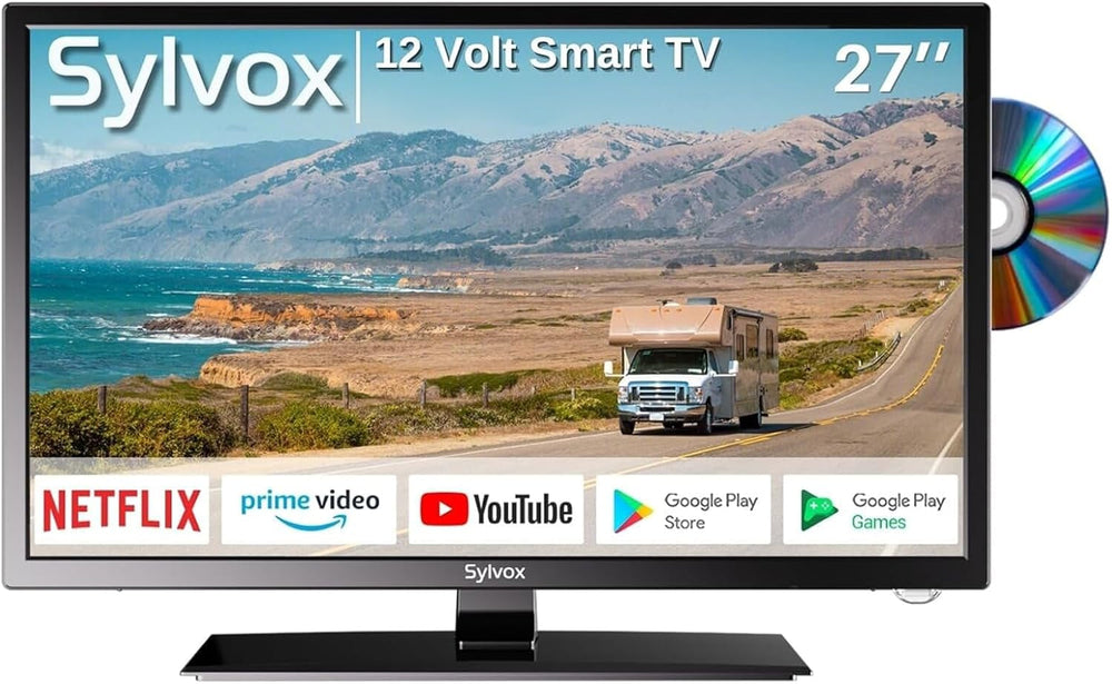 SYLVOX Televizor inteligent Android de 27 de inci pentru autorulote, televizor de călătorie 1080P cu DVD player încorporat, televizor de 12V cu asistent Google, AC/DC, difuzoare HiFi, tuner triplu, HDMI USB, televizor pentru rulote