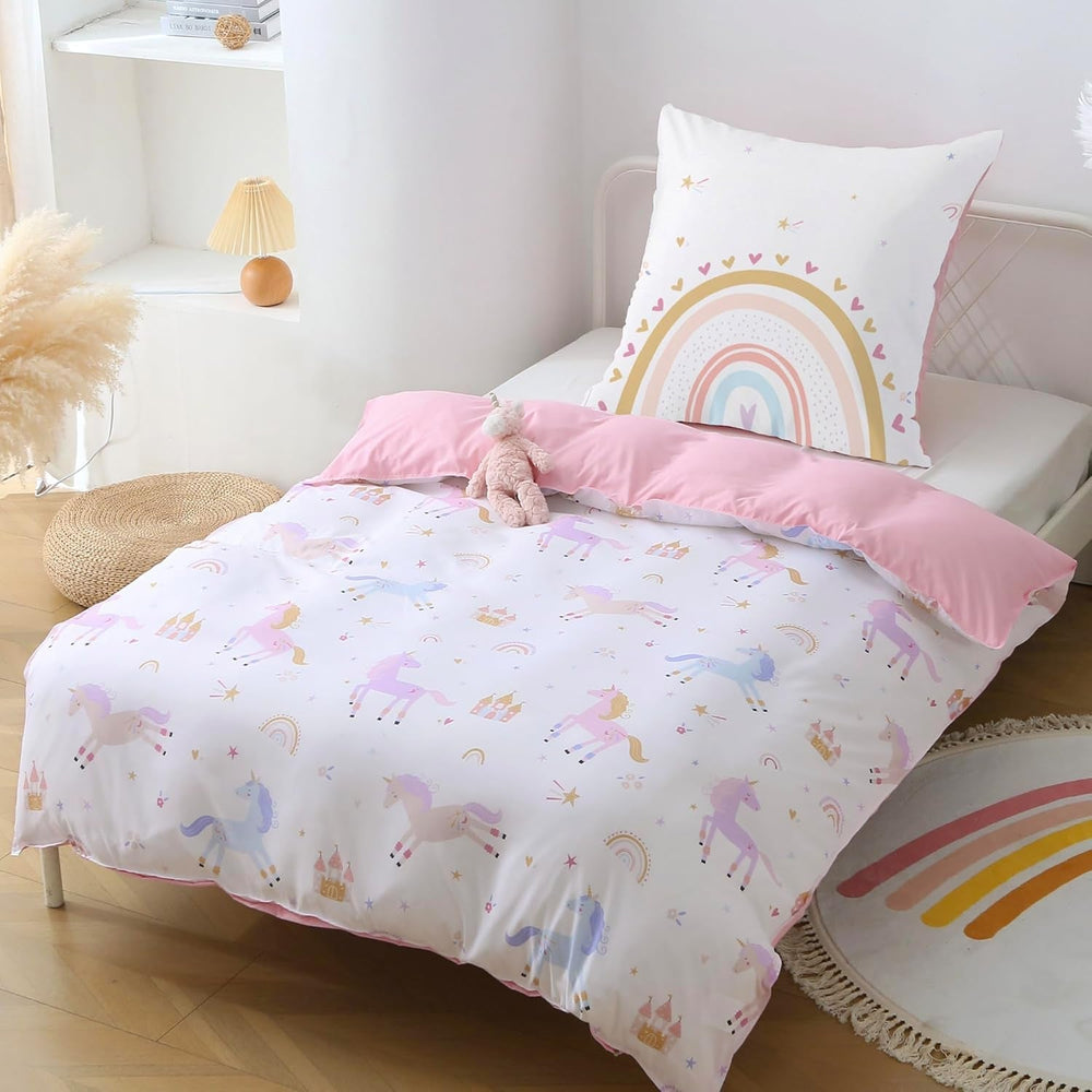 Fekohipy Bettwäsche 135X200 Mädchen Einhorn Kinderbettwäsche Rosa 3D-Druck Mikrofaser Regenbogen Kinder Bettbezug Mit Zwißwerfer Und 1 Kissenbezug 80X80Cm 2-Teilige Kinderbettwäsche-Set Naty Shop