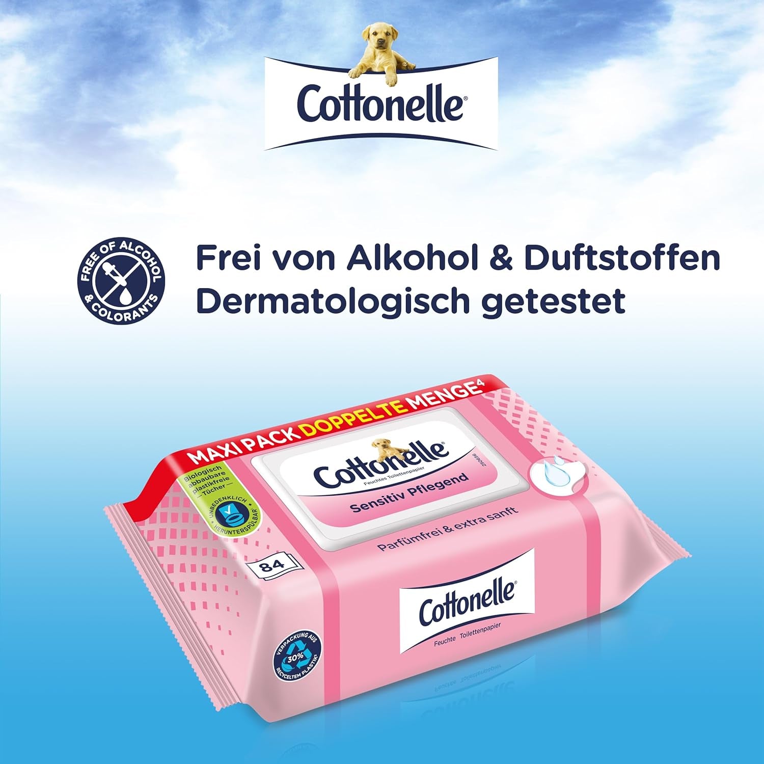 Hârtie igienică umedă, Sensitive Care - fără parfum, biodegradabilă, fără plastic, resigilabilă, 1 X 84 șervețele umede (pachet unic)