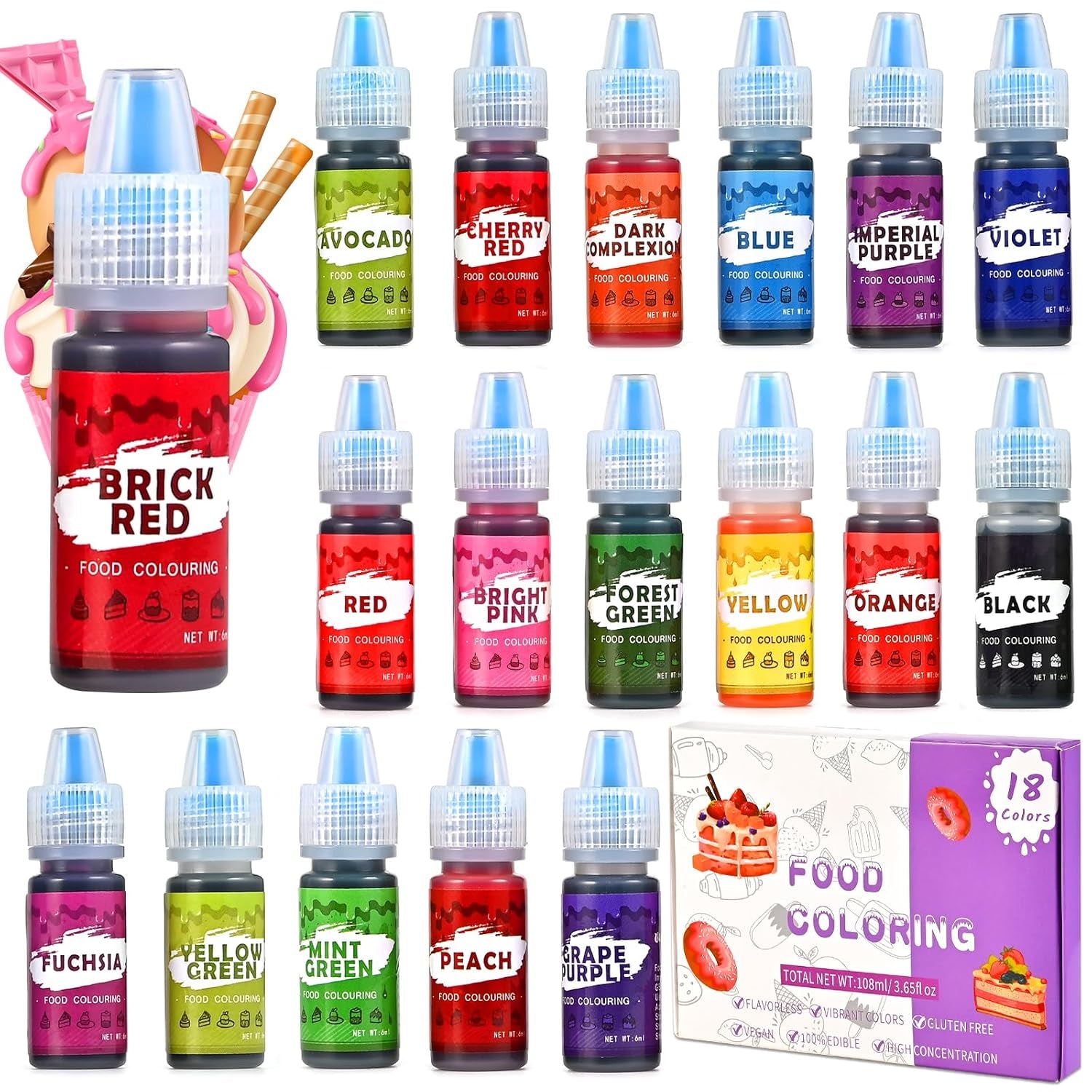 Colorant alimentar 18 culori x 6ml, colorant alimentar lichid pentru copt prăjituri, fursecuri, macaroane, băuturi, colorant alimentar foarte concentrat pentru ouă de Paște, slime DIY, obiecte de colorat artizanale
