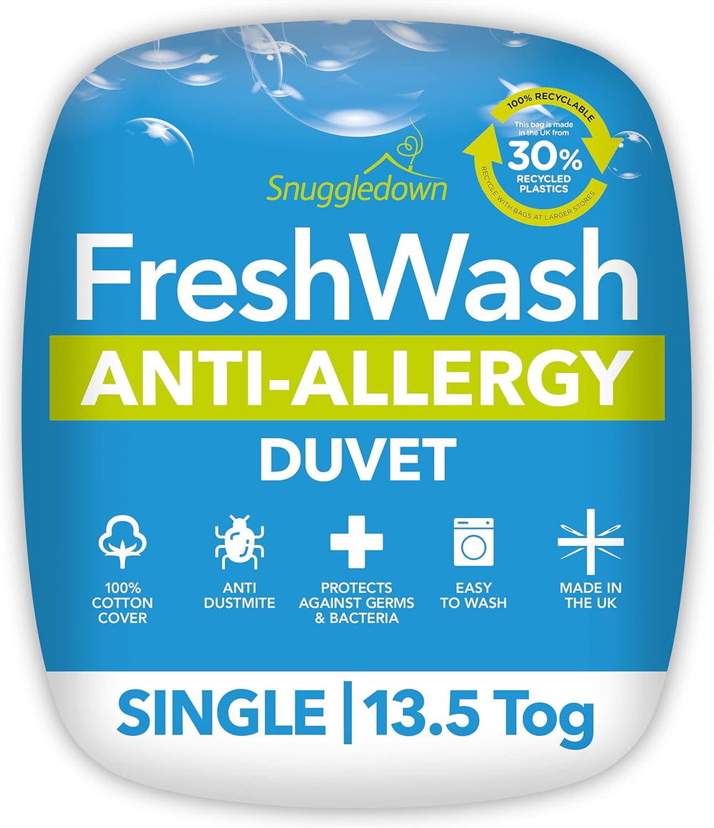 Piumino Snuggledown Freshwash Allergy, 13,5 Tog Inverno caldo, Cotone, Bianco, Letto singolo Naty Shop Trapunte Twin 13,5 Tog
