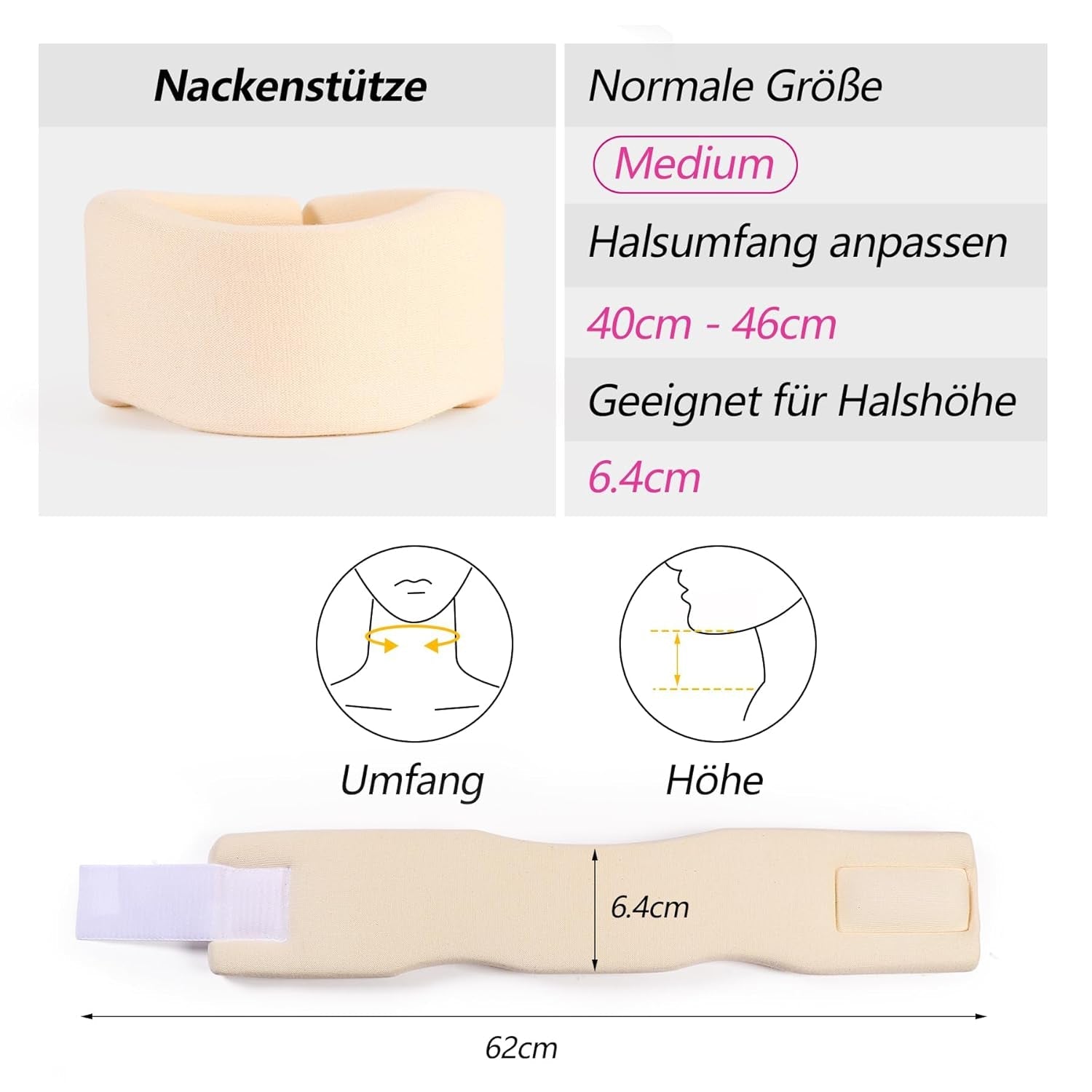 RESTCLOUD Suport pentru gât fabricat din spumă moale, colier universal, suport reglabil pentru gât pentru somn - ameliorează durerea de gât (alb, 6,4 cm guler adânc, M) Perne ortopedice cervicale Naty Shop