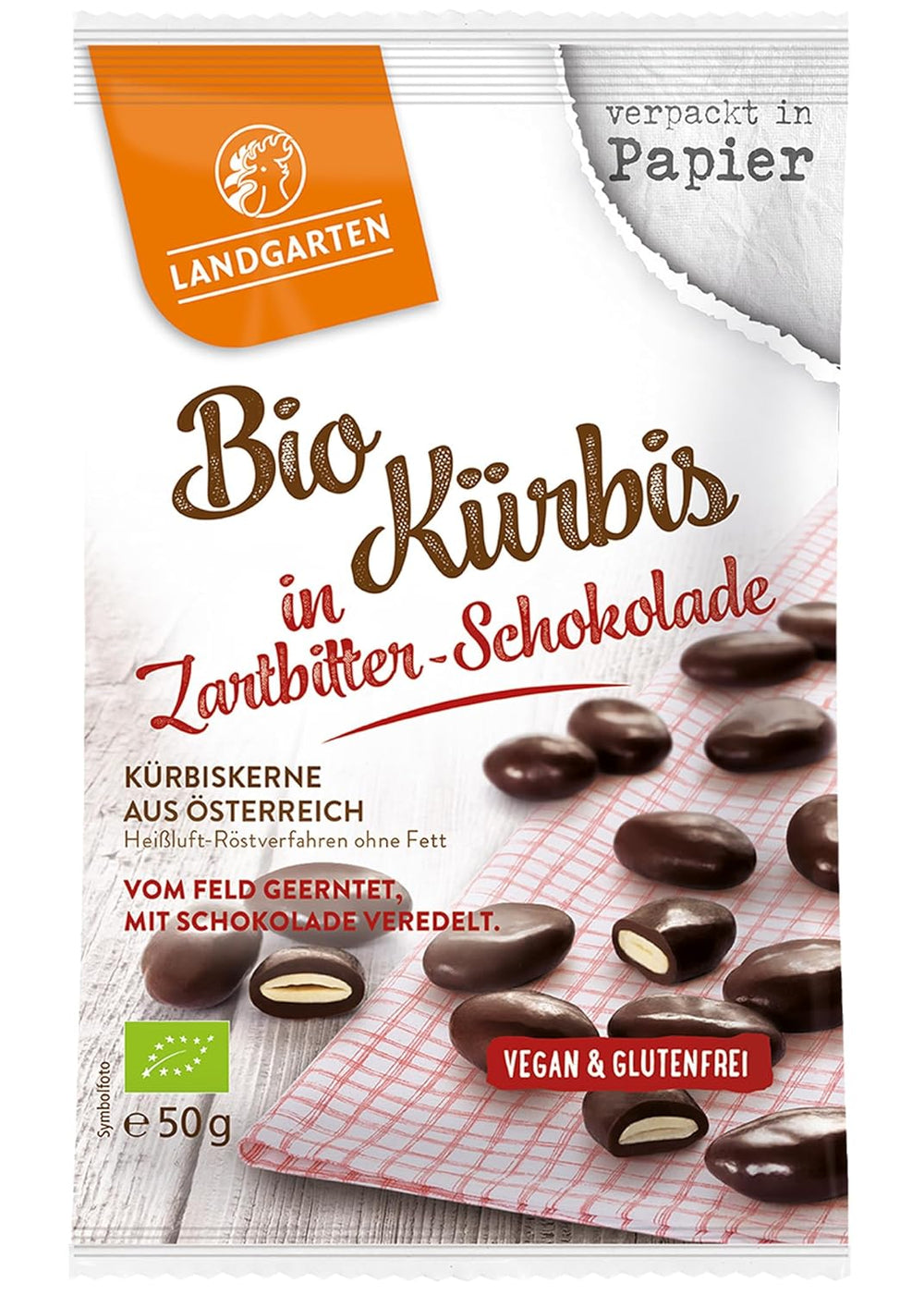 Landgarten Semi di zucca biologici al cioccolato fondente - Snack vegano al cioccolato con semi di zucca tostati - Fonte di magnesio - 1 x 50 g
