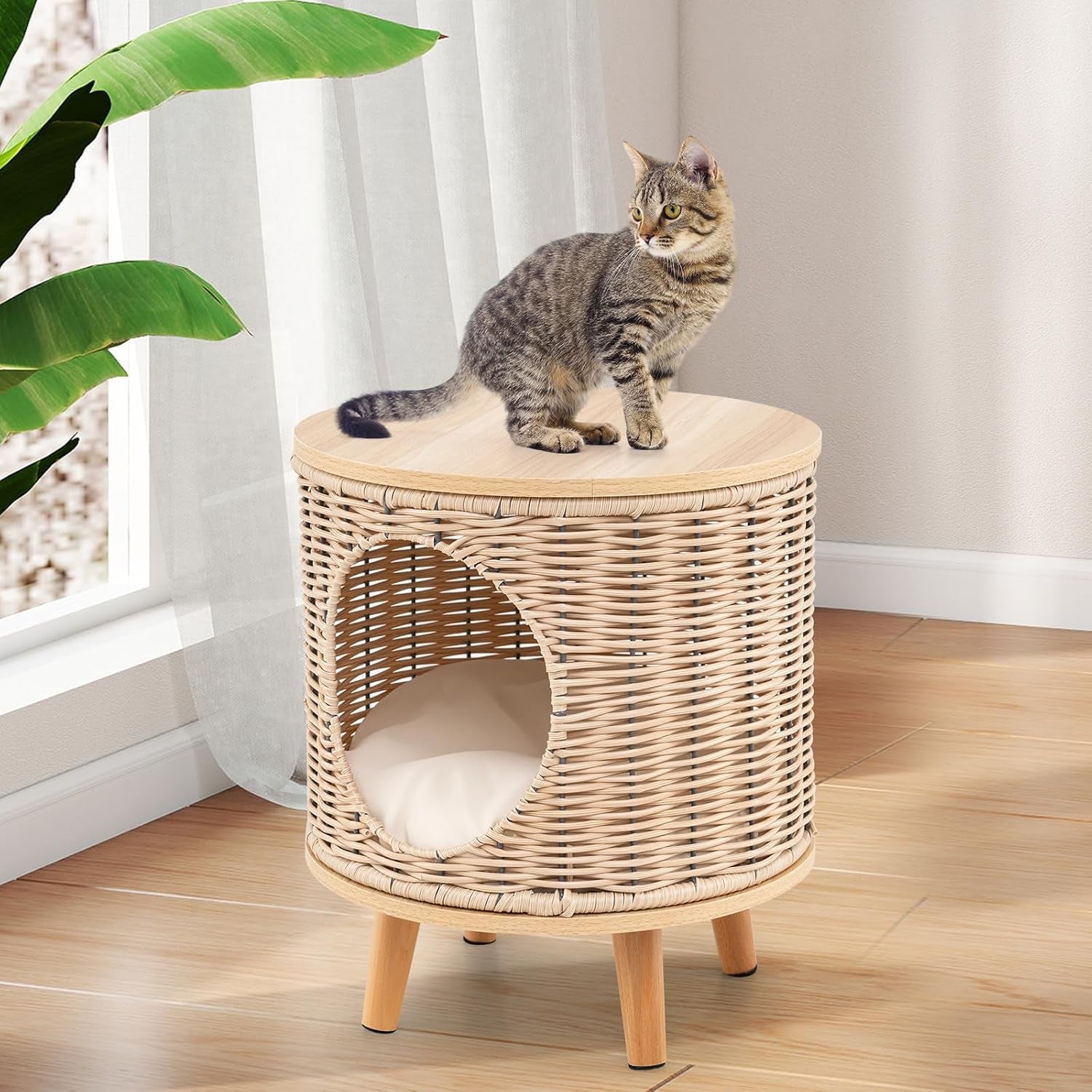 Katzenhaus Rattan, Katzenmöbel mit Holzbeinen & weichem Kissen, 3 in 1 Katzenhöhle Fußhocker Nachttisch, Katzenbett stabil bis 30 kg für Wohnzimmer Schlafzimmer