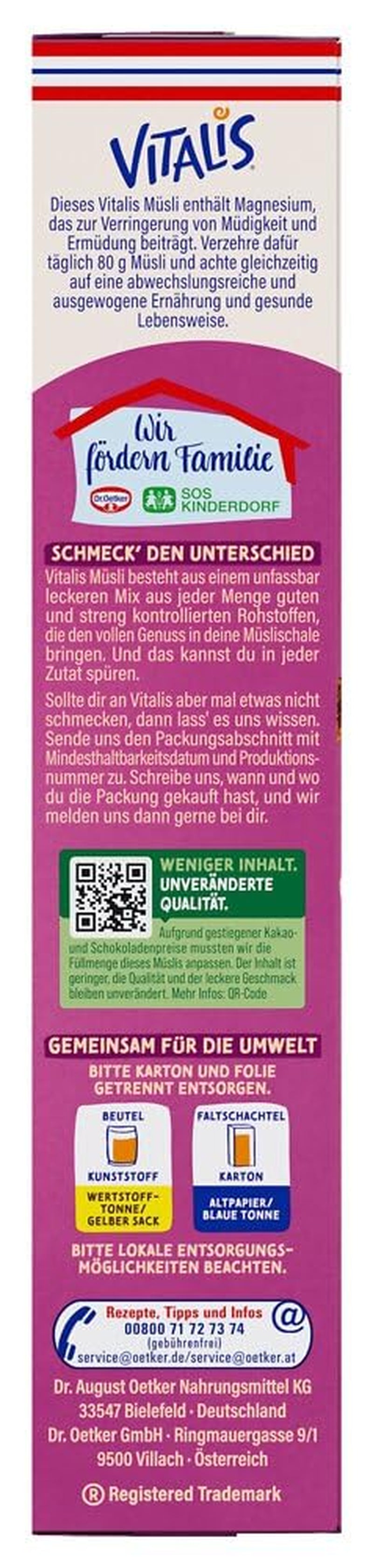 Dr. Oetker Vitalis Muesli al cioccolato fondente: Muesli da colazione al cioccolato fondente, confezione da 6 (6 x 600 g)