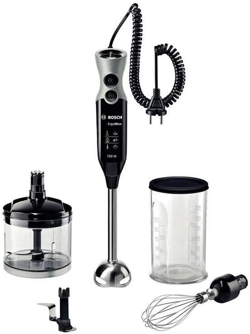 Bosch Stabmixer Ergomixx MSM67170, Edelstahl-Mixfuß, Universalzerkleinerer, Mix- Und Messbecher, Schneebesen, Ice-Crush-Klinge, Leichtes Gehäuse, 12 Stufen plus Turbostufe, 750 W, Nero/Grau Kitchen Naty Shop