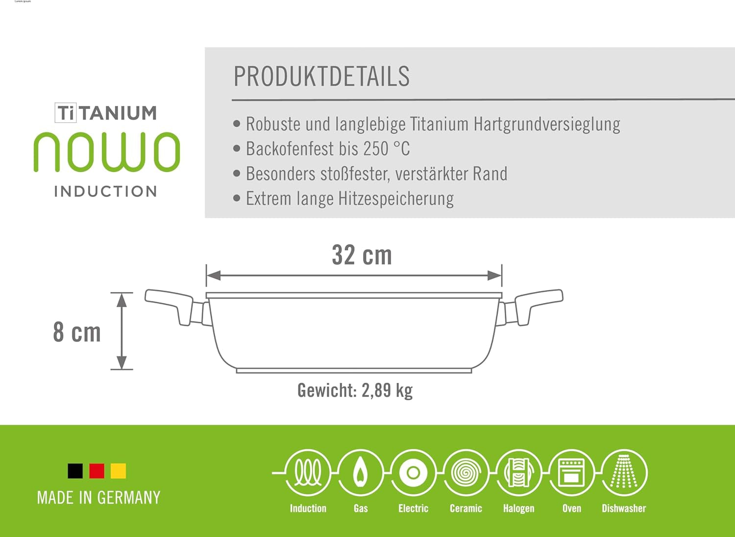 Woll Nowo Titanium Kasserolle - Induktiv -, Ø 32 Cm, 8 Cm Hoch, 5.5 Liter, Mit 2 Seitengriffen - Geeignet Für Alle Herdarten Matrite si tavi pentru copt Naty Shop