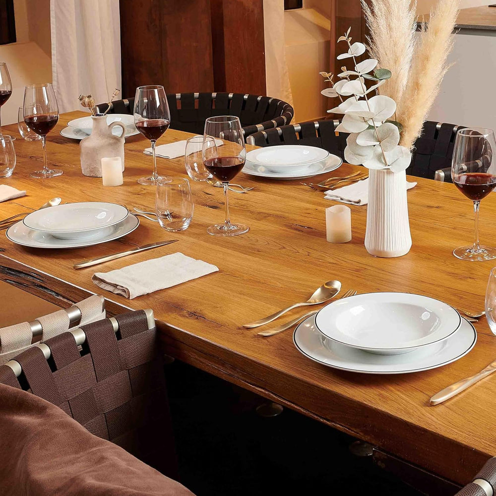 Mäser, seria Nola, serviciu modern de cafea pentru 6 persoane, alb cu margine neagră, set de veselă cu 18 piese, cești de cafea, farfurioare și farfurii de desert - serviciu rotund de cafea, set de cafea, alb