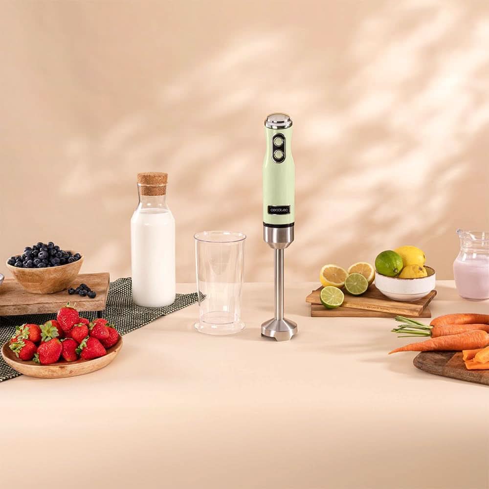 Cecotec Stabmixer Power Retrogreen 1200MAX Cream&Crush, Maximalleistung 1200 W, Tecnologia Crossblades, 2 velocità, Zubehörset Spülmaschinenfest, Spritzschutzhaube Kitchen Naty Shop