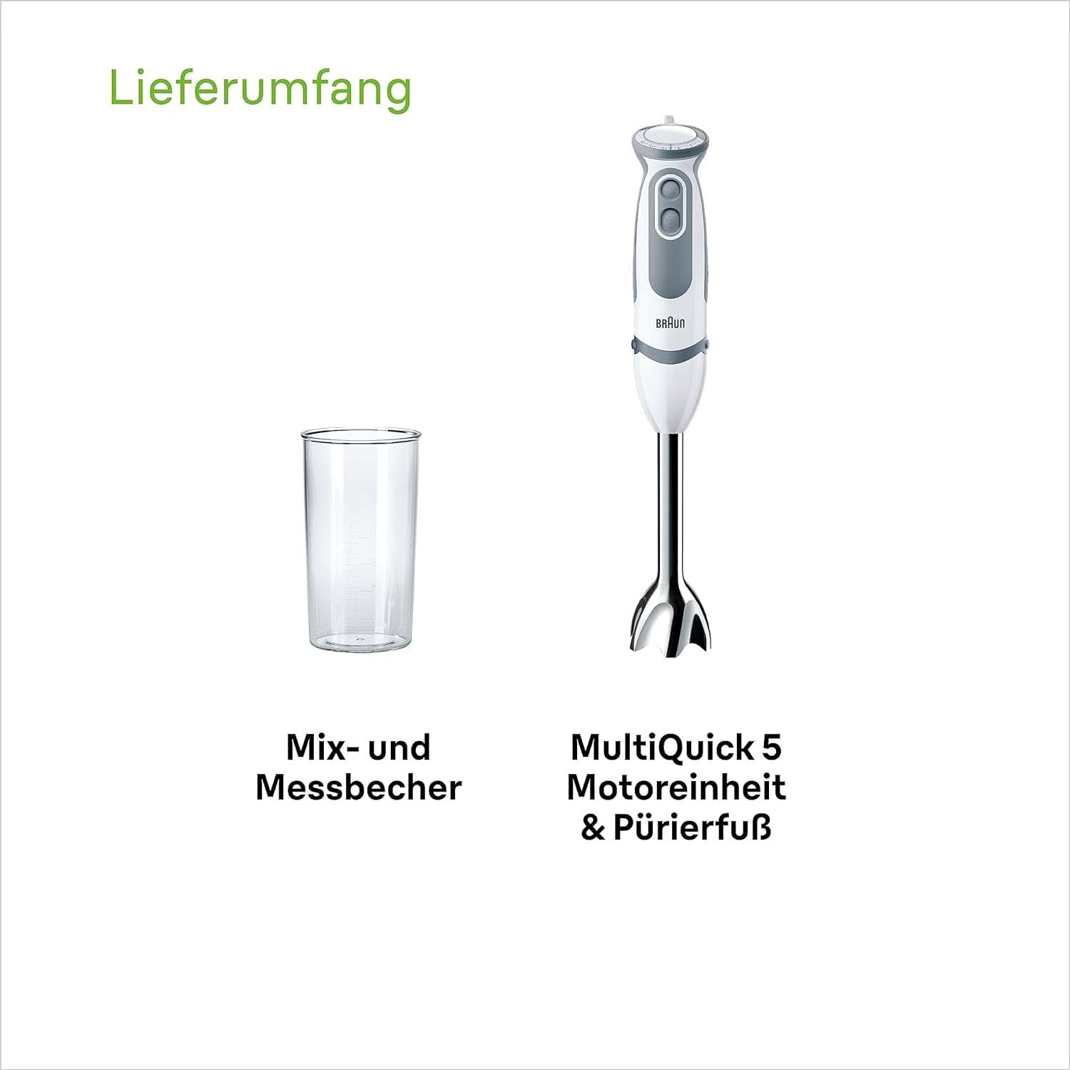 Braun Stabmixer MQ 5200WH - Multiquick 5 Vario Purierstab Mit Edelstahl Mixfuß, 1000 Watt, Inkl. 600 ml Mix- & Messbecher, Bianco/Grau Kitchen Naty Shop