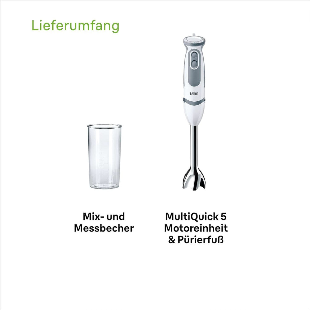 Braun Stabmixer MQ 5200WH - Multiquick 5 Vario Purierstab Mit Edelstahl Mixfuß, 1000 Watt, Inkl. 600 ml Mix- & Messbecher, Bianco/Grau Kitchen Naty Shop