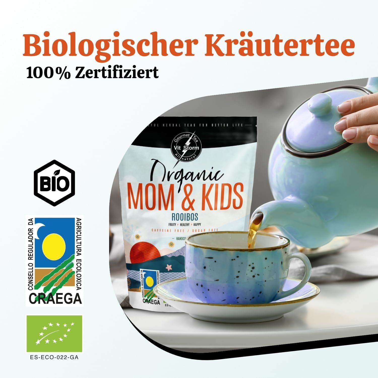 VITSTORM® BIO TEE Mom &amp; Kids – Ceai pentru femei și alăptare – Rooibos, mere, fenicul, melisă, alchemilla, căpșuni – Ceai relaxant - Fructat și delicios - Fără cofeină - Ceai din plante 100 g