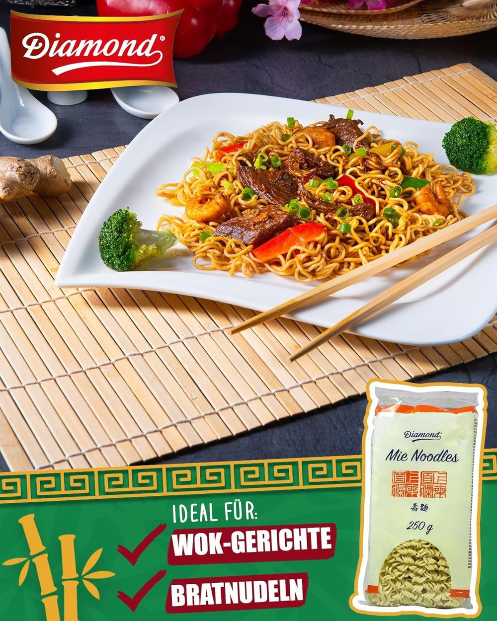 DIAMOND Mie Noodles, tagliatelle di grano senza uova, facili e veloci da preparare, vegetariane - 8 x 250 g