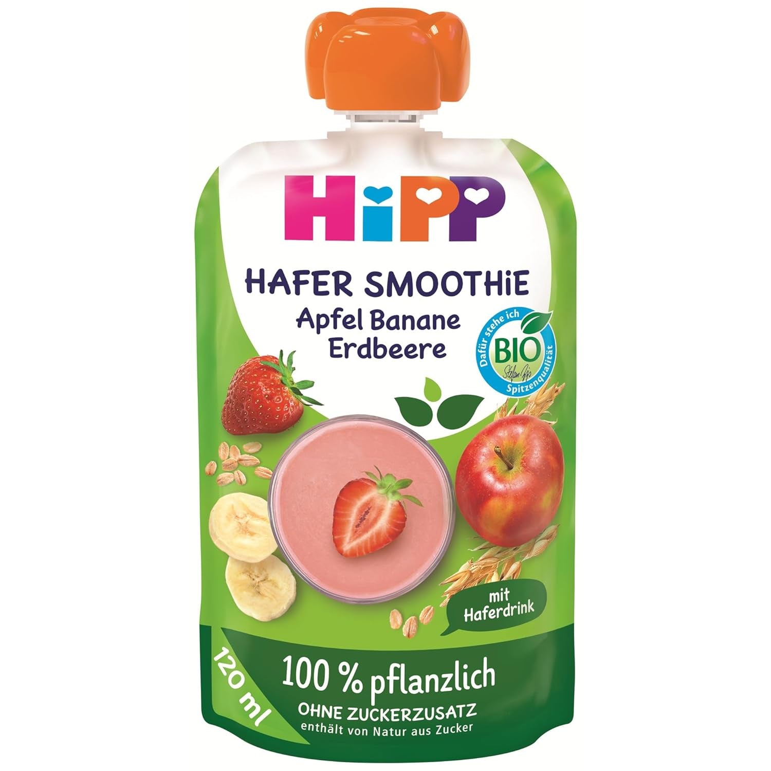 HiPP Bio Quetschie Hafer Smoothie Apfel Banana Erdbeere mit Haferdrink (6 x 120ml), ab 1 Jahr, 100% pflanzlich, ohne Zuckerzusatz, vegan, in bester Bio-Qualität