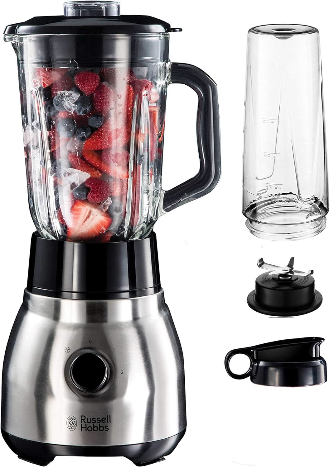 Russell Hobbs Robot da cucina 2 in 1 [mixer in vetro da 1,5 l e mini frullatore da 0,6 l -To-Go-Trinkflasche Inkl. Deckel] Spülmaschinenfest, funzione Impuls-/Ice-Crush, Becher BPA Frei, Edelstahl 23821-56 Kitchen Naty Shop Robot da cucina 2 in 1