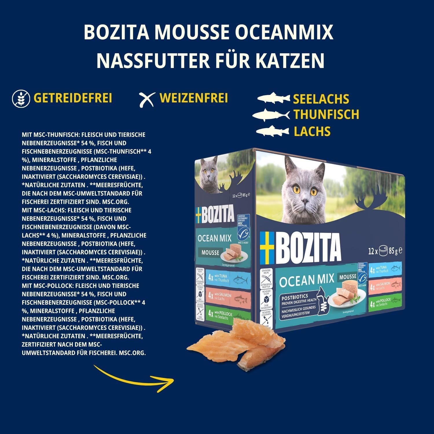 Bozita Mousse Ocean Mix – 12 x 85g hrană umedă pentru pisici cu ton, somon sau cod galben – fără cereale, fără zahăr și coloranți artificiali – cu postbiotice pentru o floră intestinală sănătoasă