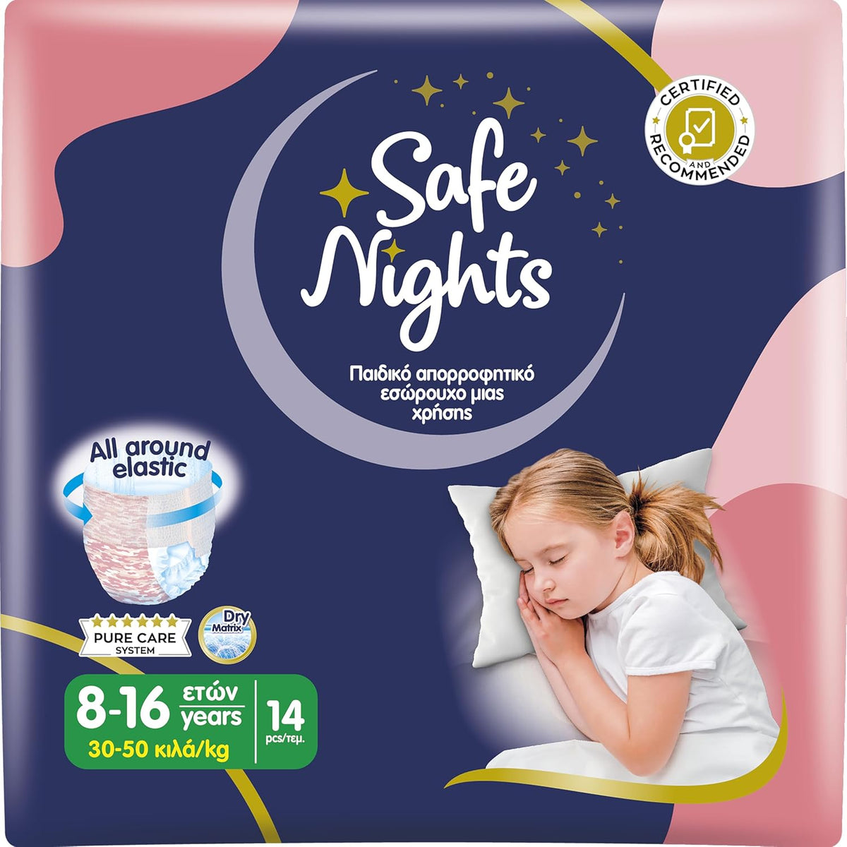 Safe Nights Girl, Indumenti da notte assorbenti per ragazze 8-16 anni (30-50 kg), confezione da 14