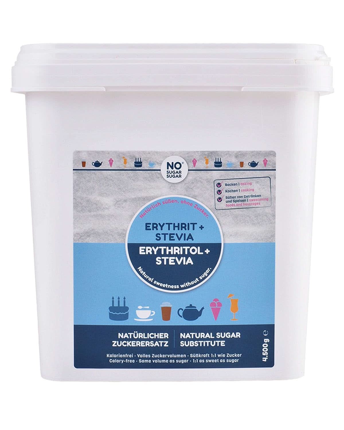 SENZA ZUCCHERO, Eritritolo + Stevia Sostituto naturale dello zucchero senza calorie Dolcezza 1:1 rispetto allo zucchero, senza aroma, 4,5 Kg Dolcificanti Naty Shop