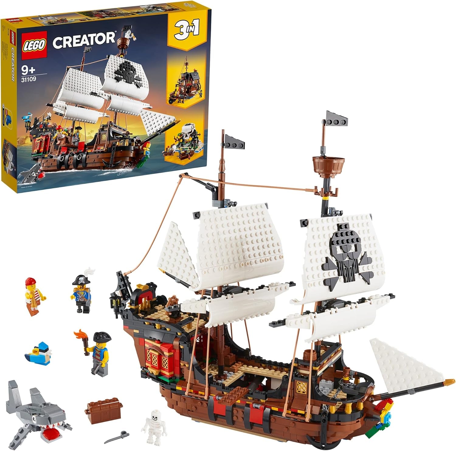 Set nave pirata 3-in-1 LEGO Creator, giocattolo con 3 opzioni di costruzione, costruisci una taverna dei pirati o un'isola dei pirati con teschi, include 3 minifigure per avventure di gioco di ruolo 31109 Set di costruzione Besuche den LEGO-Store Confezione standard