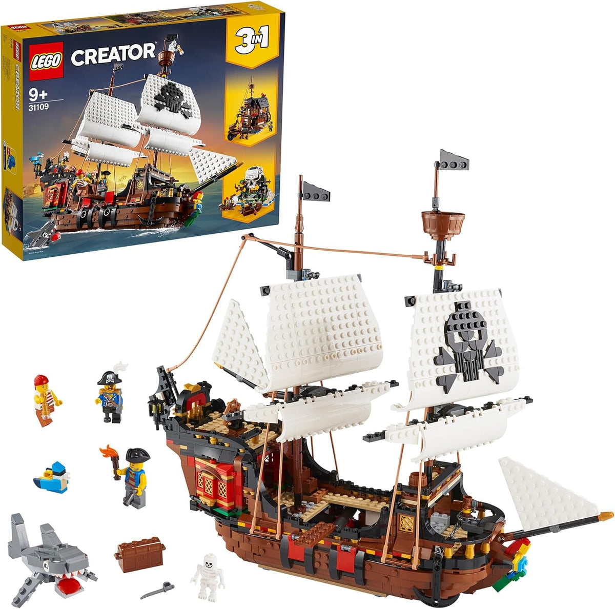 Set nave pirata 3-in-1 LEGO Creator, giocattolo con 3 opzioni di costruzione, costruisci una taverna dei pirati o un'isola dei pirati con teschi, include 3 minifigure per avventure di gioco di ruolo 31109 Set di costruzione Besuche den LEGO-Store Confezione standard
