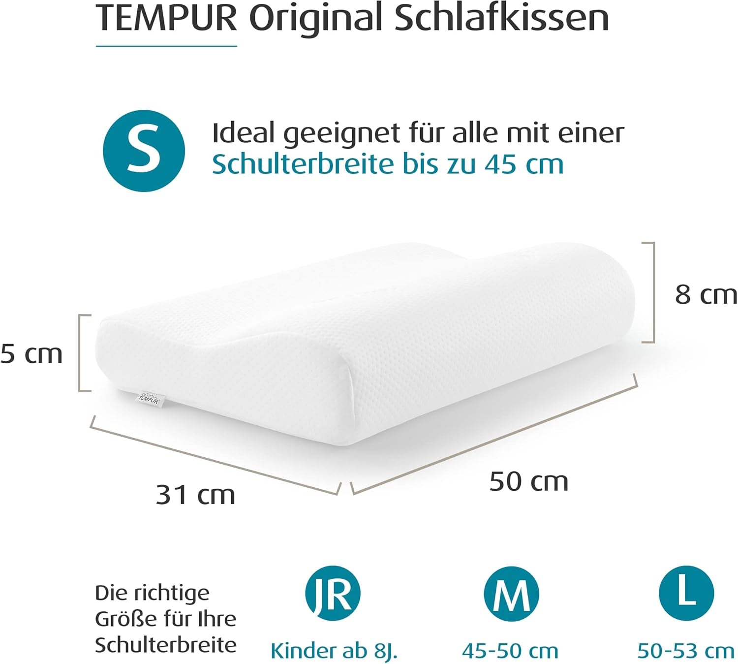 TEMPUR Original Sleeping Pillow Memory Foam, Pernă ergonomică de susținere a gâtului pentru cei care dorm lateral și pe spate, Fermă, M (50 X 31 X 10/7 Cm), Alb Perne ortopedice cervicale Naty Shop Pachet cu husă de pernă, antracit S (50 X 31 X 8/5 Cm)