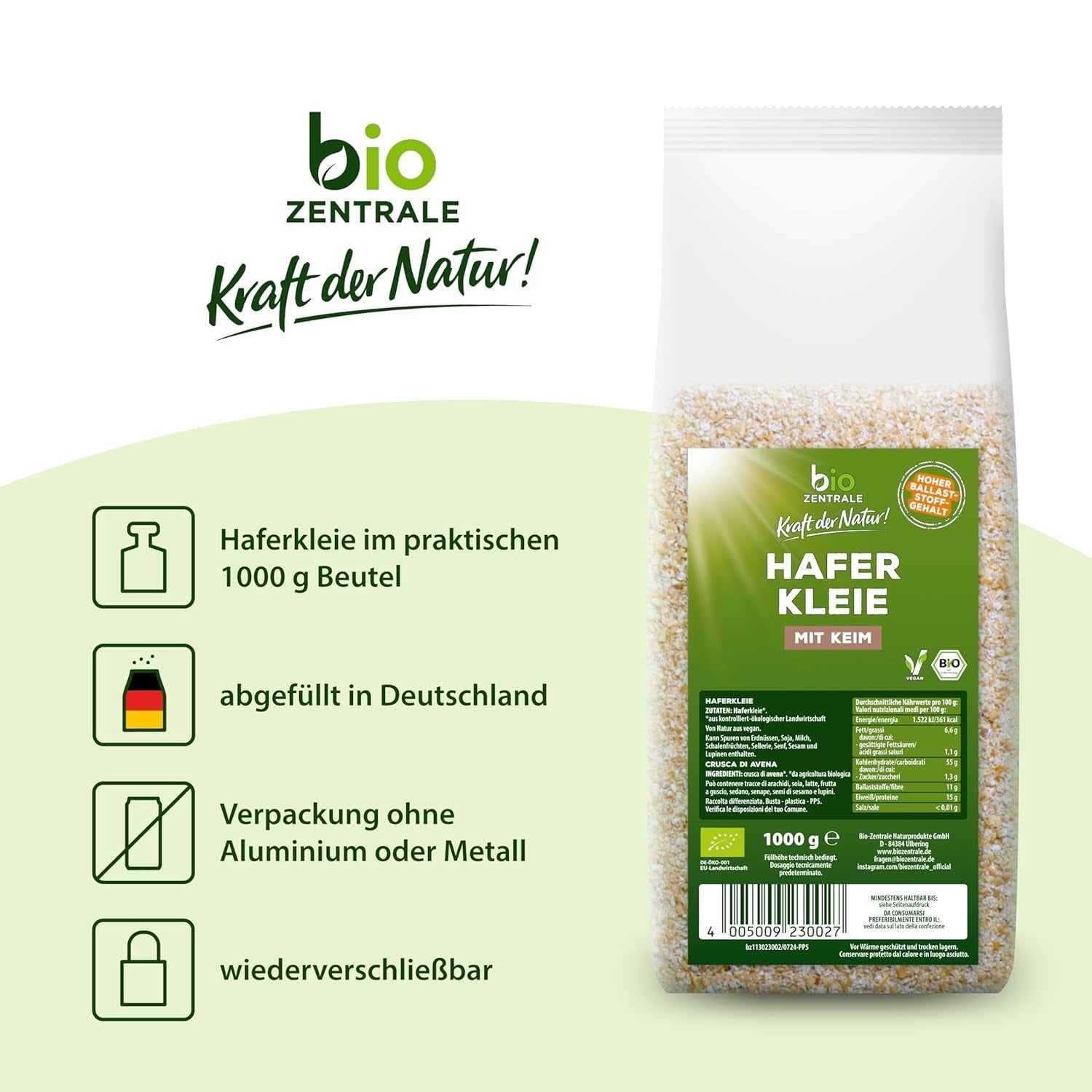 Biozentrale Bio Haferkleie 1Kg | Vorteilspack | Ballaststoffreiche Proteinquelle | Von Natur Aus Vegan | Aus EU Landwirtschaft | Zuckerarm Cereale Naty Shop