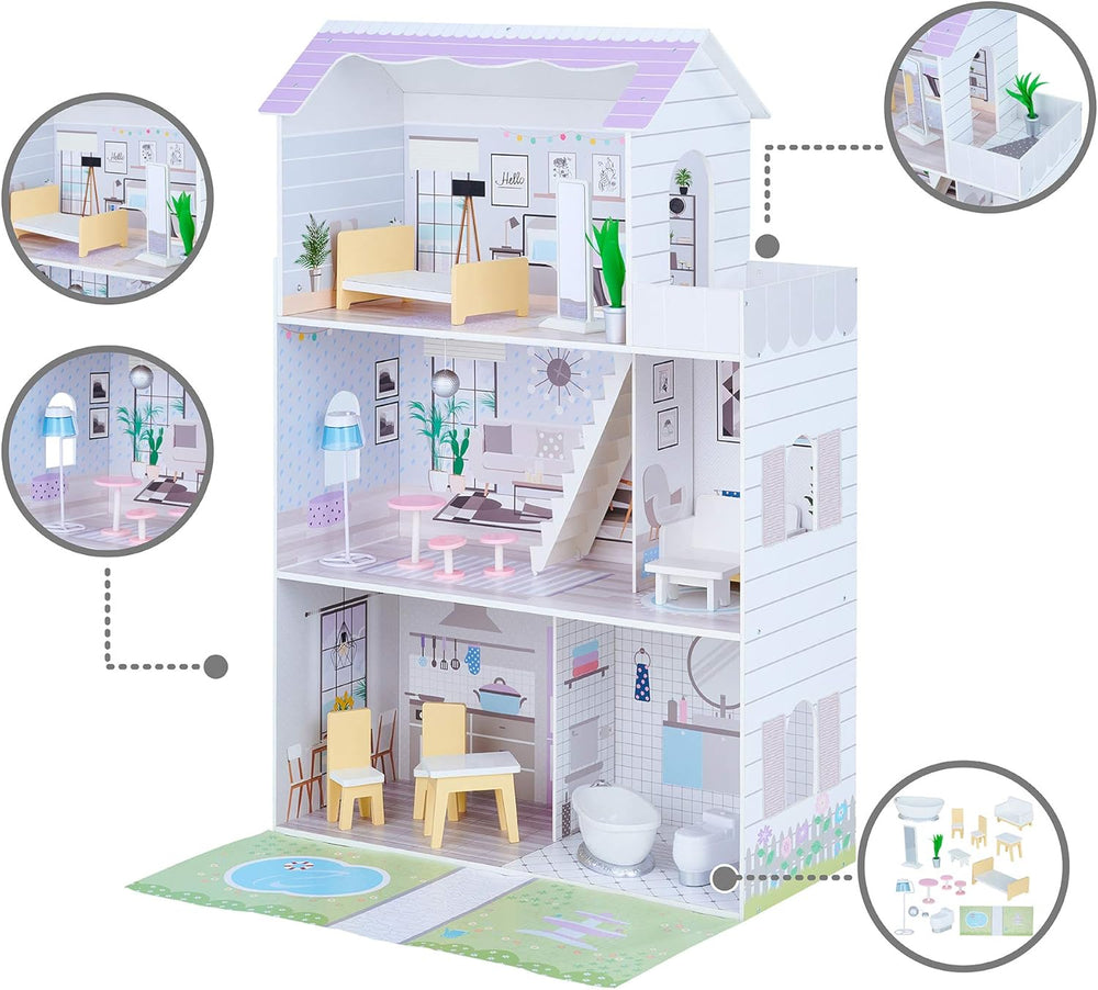 Teamson Kids Casa de păpuși gigantică Olivia's Little World cu 16 accesorii pentru păpuși, casă de păpuși din lemn cu mobilier, cu 3 etaje, casă de păpuși pentru copii de 30 cm, vârste 3+