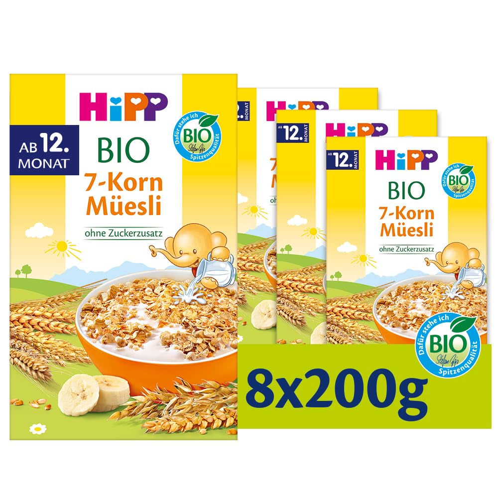 Muesli biologico HiPP con 7 cereali (8 x 200 g), a partire da 12 mesi, senza zuccheri aggiunti, pezzi extra fini - facile da masticare, migliore qualità biologica