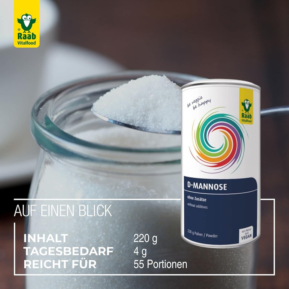 Raab Vitalfood® D-Mannosio in polvere (220 G) - Frei Von Zusätzen, Vegan, Glutenfrei, Gut Löslich, Mit Meßlöffel in Der Dose, Vorratspackung, 100% D-Mannosio (Gewonnen Aus Mais) Dolcificanti Naty Shop