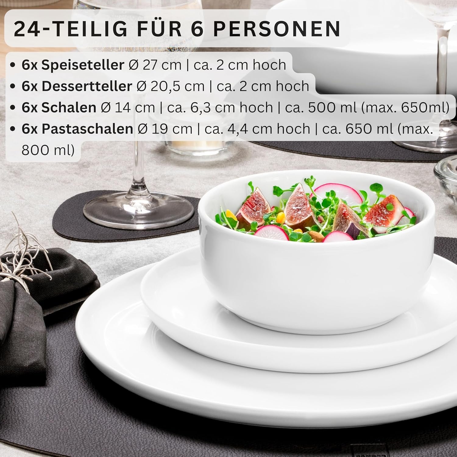 SÄNGER | Set de veselă Marlo White, set de veselă cu 24 de piese pentru 6 persoane, cu farfurii de desert, farfurii de cină, boluri și boluri pentru cereale din porțelan, set de farfurii, veselă, design modern COLECȚIA PREMIUM