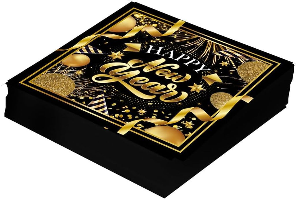 | 20 Șervețele Happy New Year (16X16 Cm) - Decorațiuni de masă pentru petreceri de Revelion - Ideal pentru evenimente și sărbători - Negru și auriu