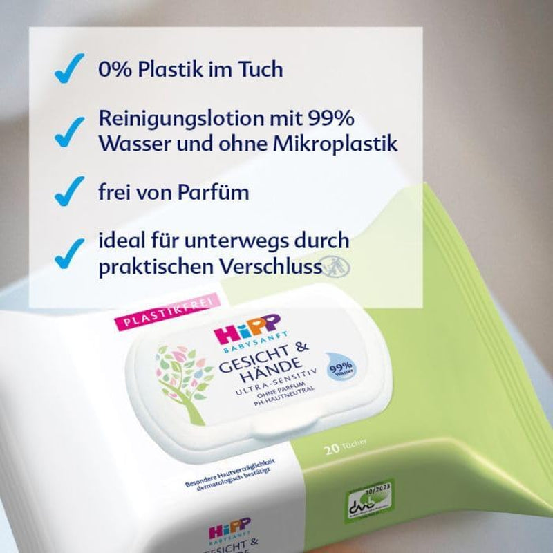 Salviette umidificate morbide HiPP Baby per viso e mani, confezione da 12 (12 x 20 pezzi)