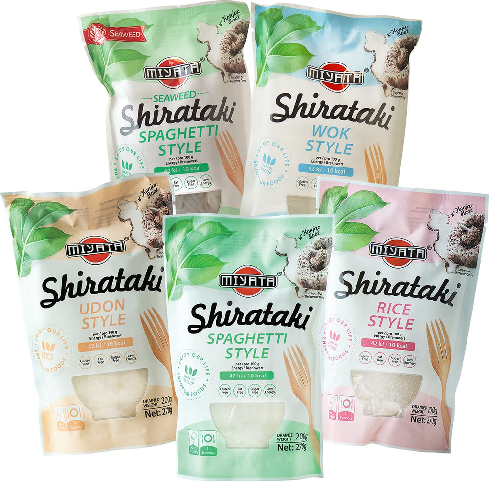Miyata Shirataki Scatola mista di 5 diverse varietà, tagliatelle di farina Konjac, 5 confezioni (5 x 270 g)