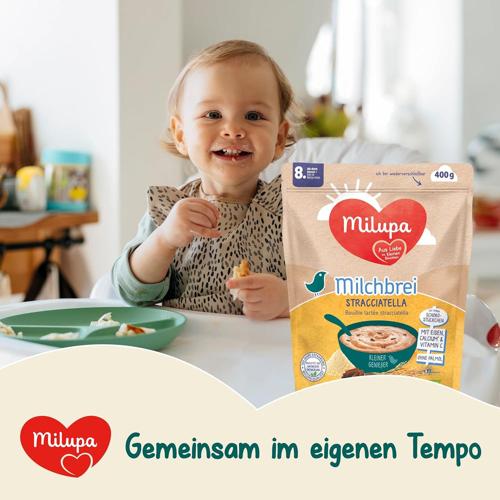 Milupa Porridge al Latte Stracciatella - Cereali per bambini senza glutine e senza olio di palma - Senza conservanti e coloranti - Da 8 mesi - 4 x 400 g